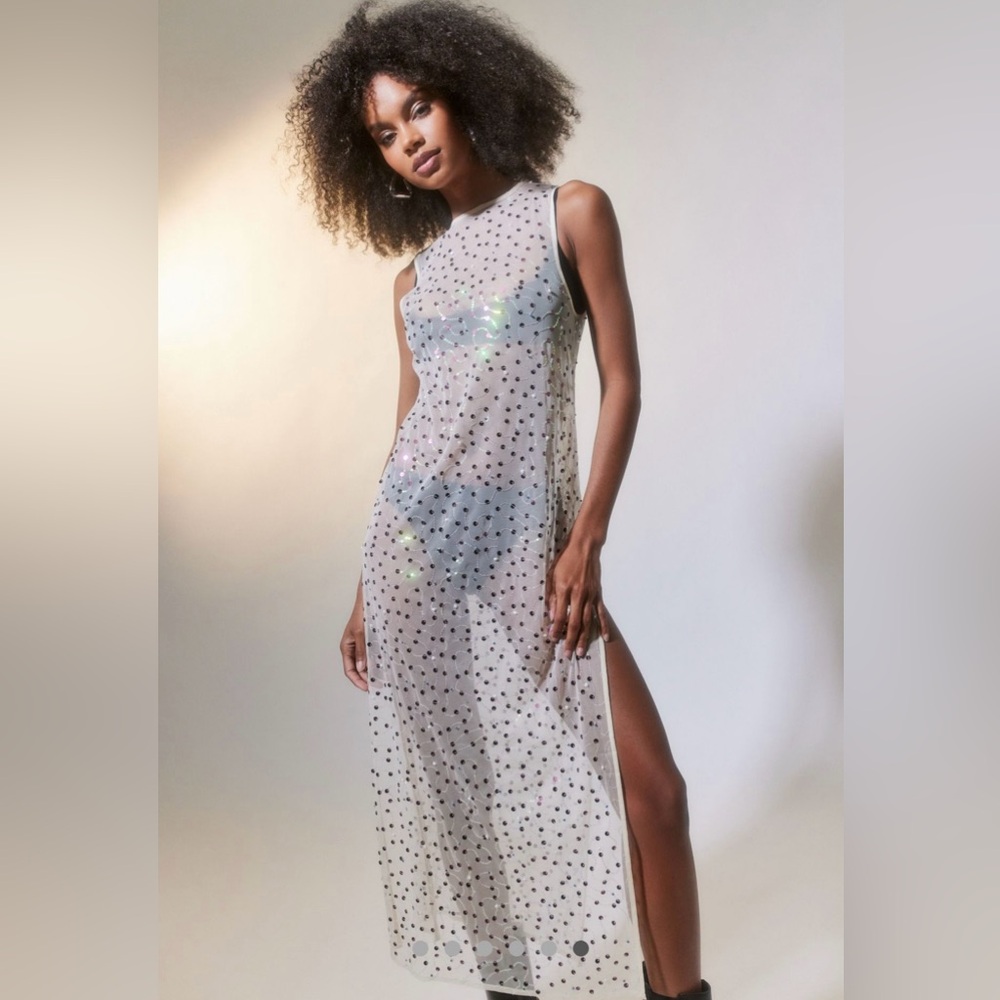 Urban‎ Outfitters Hunter Sheer Sequin Beaded High Leg Slit Midi Dress Size Small